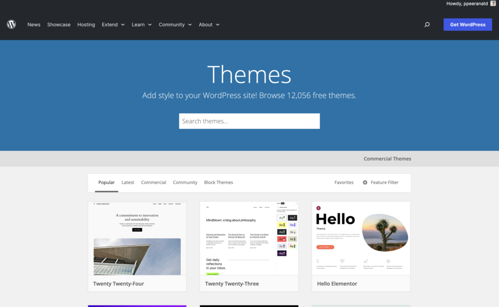 รูปแสดงหน้า Themes Directory ของ WordPress